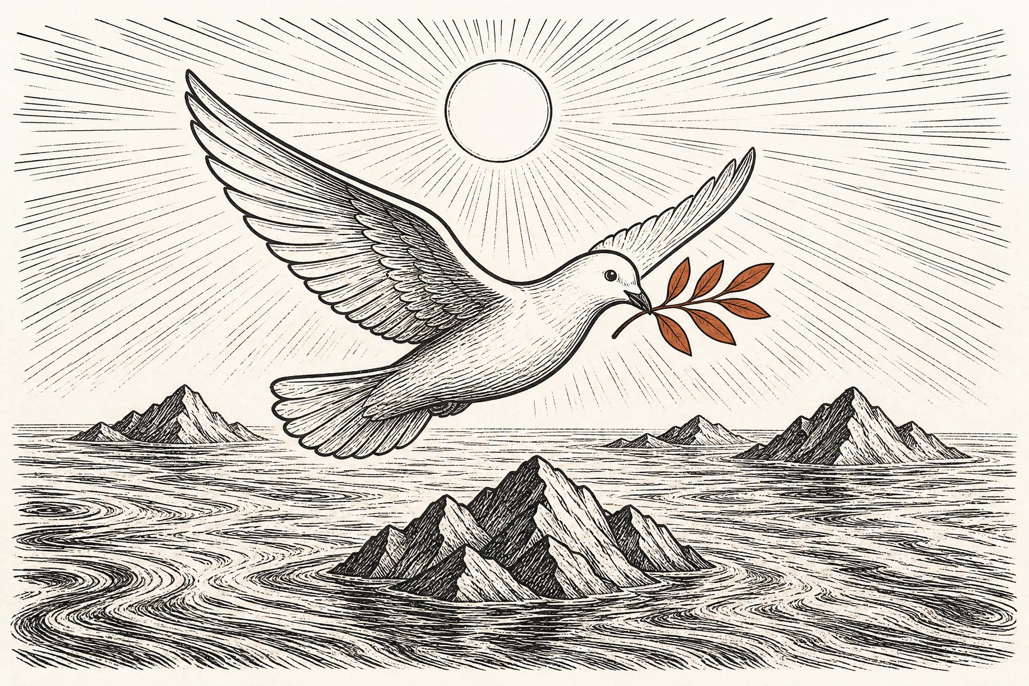 A dove in flight carrying an olive sprig over receding waters, mountain peaks emerging below