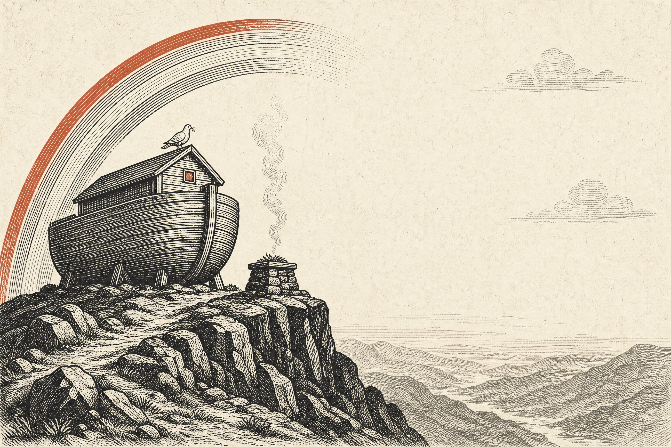 A wooden ark at rest on a mountain summit beneath a wide rainbow, a dove perched on its roof