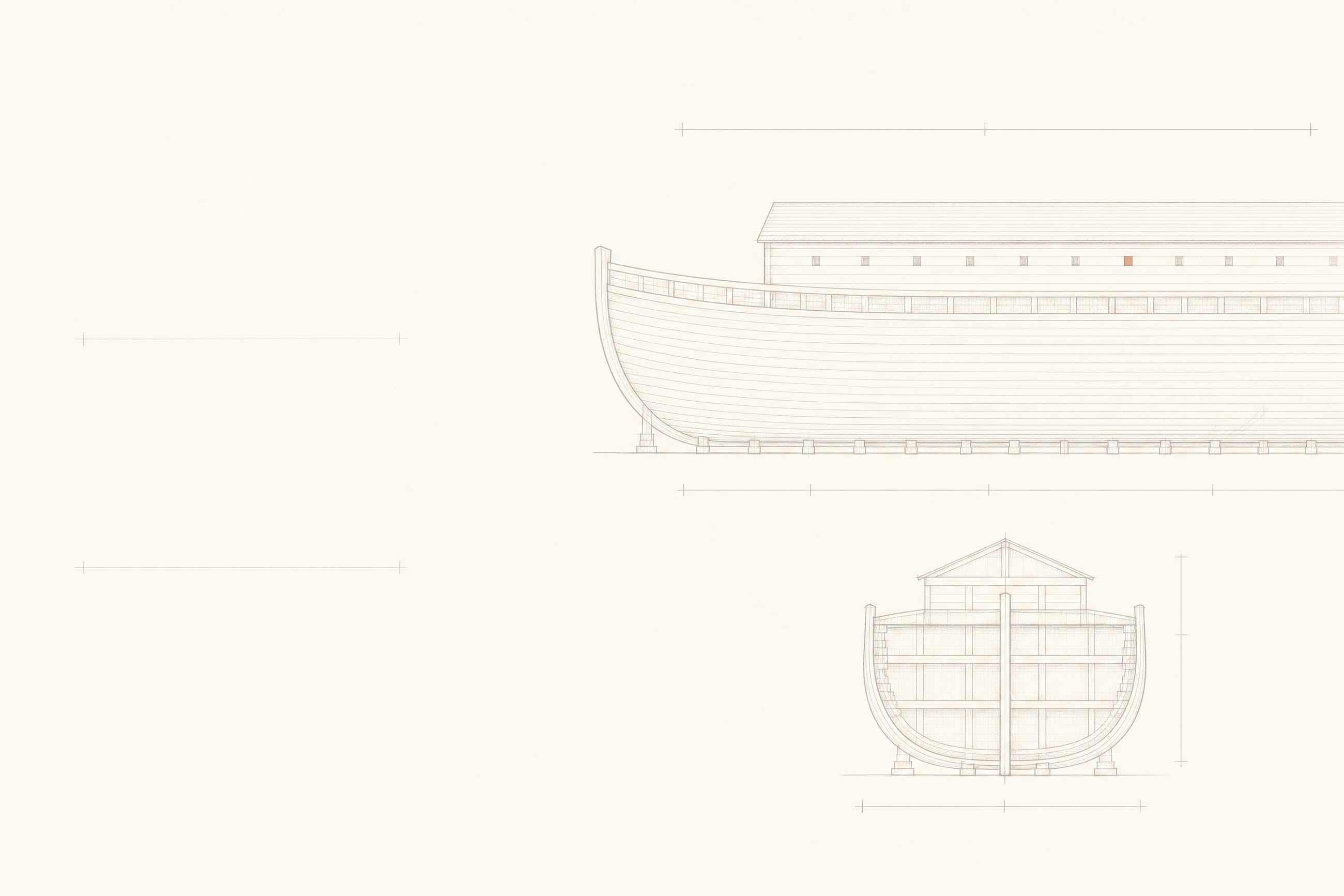 An architect's blueprint of a great ark: side elevation and cross-sections showing three decks